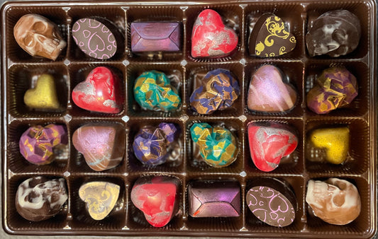 Hearts and Skulls 24-Piece Gift Box by Marvin's Confections, a charming old-world chocolate shop in Charlotte, North Carolina. 