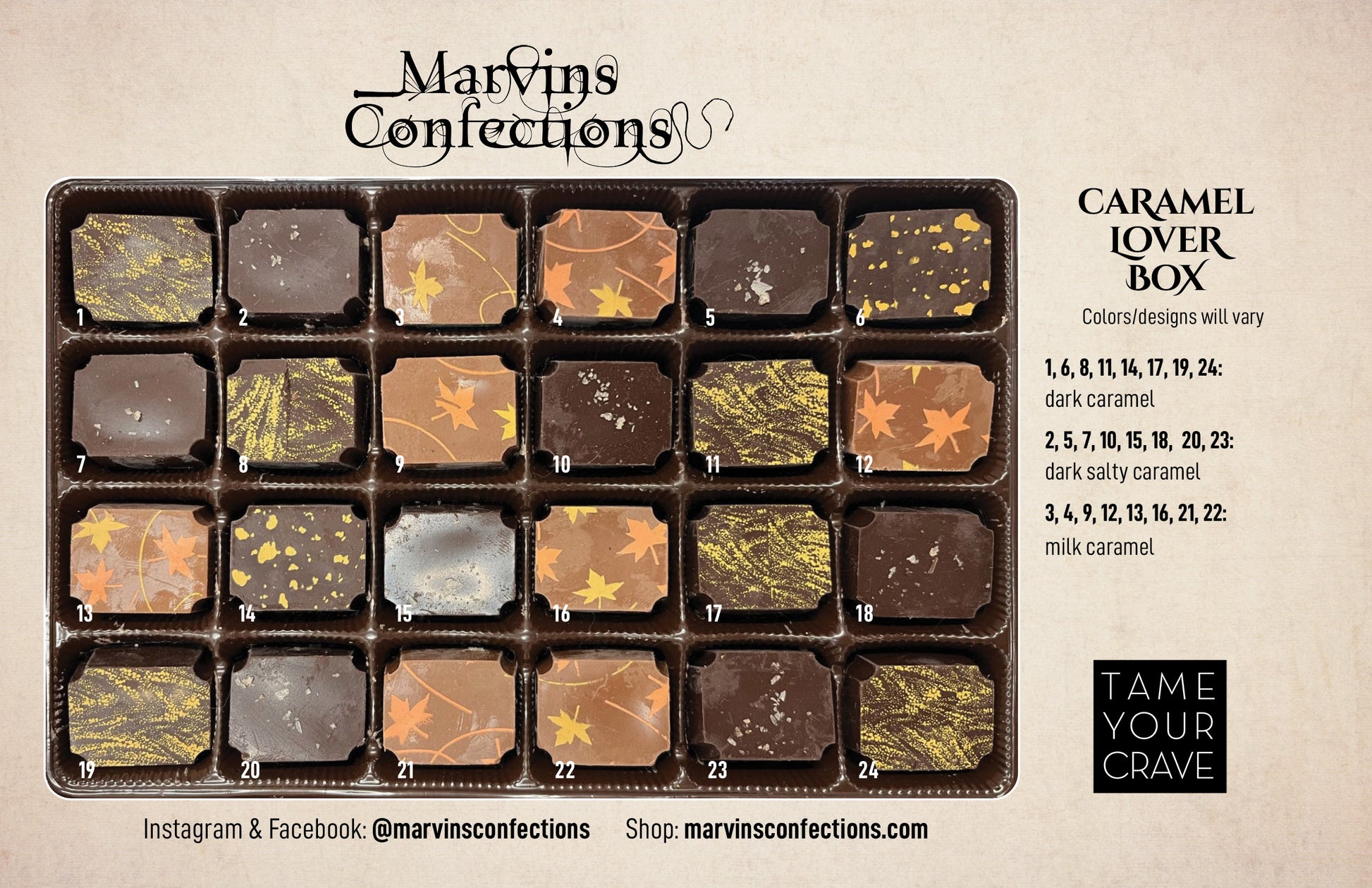 Caramel Lover 24-Piece Gift Box by Marvin's Confections, a charming old-world chocolate shop in Charlotte, North Carolina. 